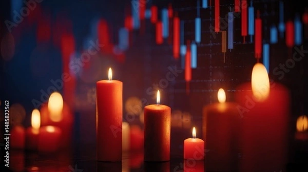 Fototapeta Candles Burning with Financial Graph Background Illustrating Investment Trends and Market Analysis Concept in a Dark Setting
