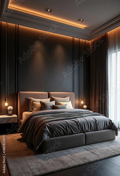 Fototapeta Polished designer bedroom scene with premium textures, layered fabrics, and warm ambient LED light for cinematic advertising use
