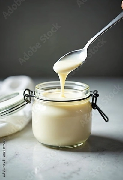Fototapeta Condensed milk in a glass jar with a spoon pouring the liquid.
