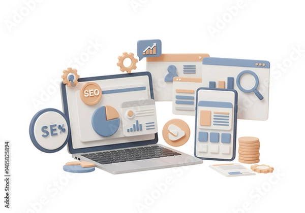 Fototapeta 鮮やか色彩の3Dデジタルマーケティング図解 効果的配置で視覚的魅力