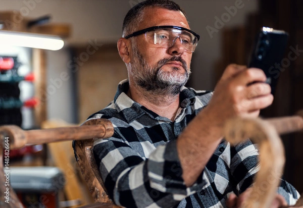 Obraz Portait of carpenter looking at his mobile phone in his workshop.