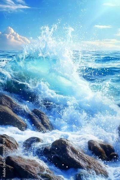 Fototapeta Ocean wave , blue water splashing rock beach , blue background.