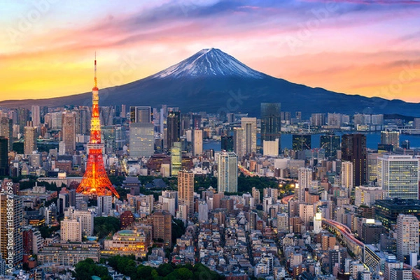 Fototapeta Aerial view of Tokyo cityscape with Fuji mountain in Japan.