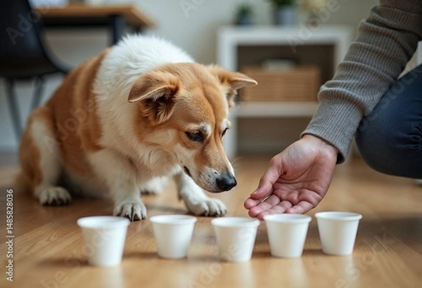 Fototapeta A corgi dog with white and brown fur sitting near a row of white cups and sniffing a hand.