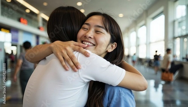Fototapeta Two women hugging each other at the airport and people.
