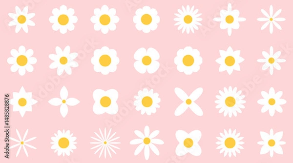 Fototapeta Set of white abstract flowers on pink background. Retro geometric spring flowers. Groovy simple flowers set. For greting card, poster, banner, social media.