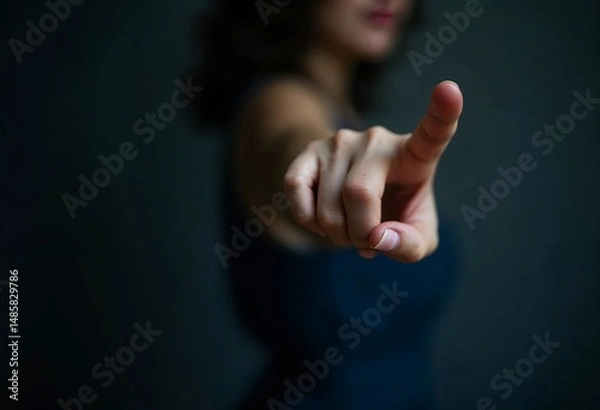 Fototapeta A close-up shot features a young woman with a finger pointing towards , the background is dark and blurred gradient.