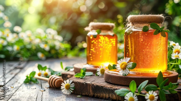 Obraz Jars of golden honey with natural ingredients, surrounded by fresh flowers and greenery, creating a vibrant and inviting atmosphere for culinary and wellness enthusiasts