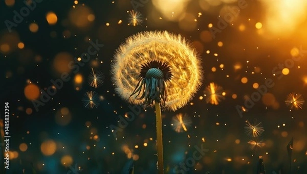 Fototapeta Golden dandelion seed head in sunlight