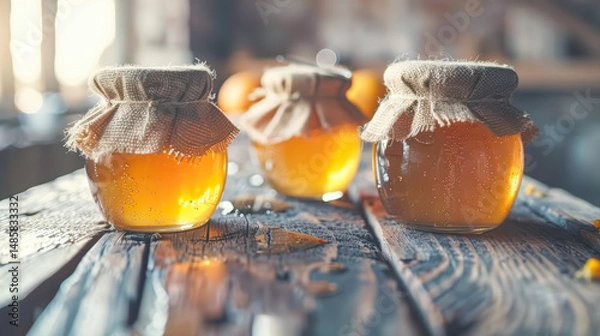 Fototapeta Three jars of golden honey with burlap covers are placed on a rustic wooden table, showcasing the natural sweetness and artisanal craftsmanship of homemade preserves