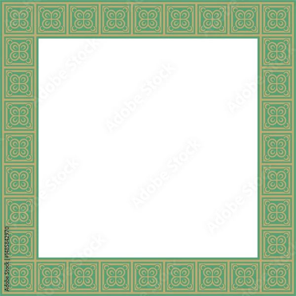 Fototapeta Vector square European gold with green ornament. Rectangular pattern, circle, ring of the Middle Ages. Revival border. Decorations of palaces and churches.
