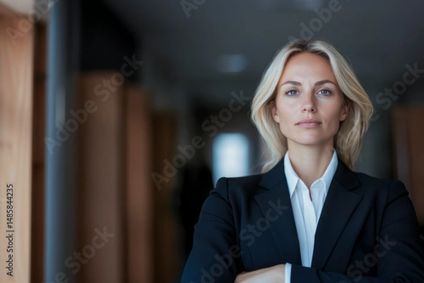 Fototapeta A woman in a business suit stands in a hallway with her arms crossed