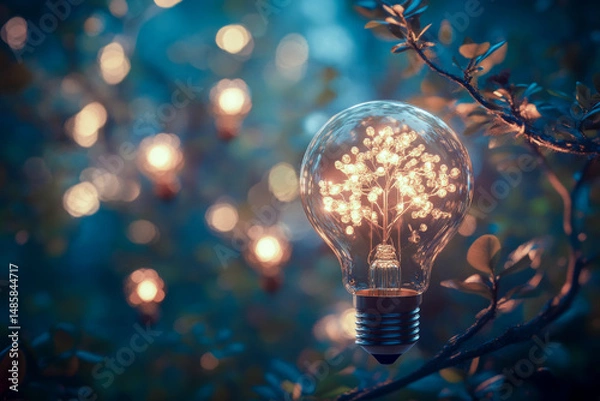 Fototapeta A light bulb is lit up and is surrounded by a tree