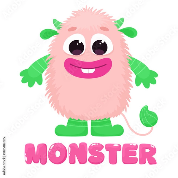 Obraz Cute fluffy and happy monster, children's monster with print, friendly character.