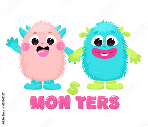 Obraz Cute and happy monsters, children's monsters with print, friendly characters.
