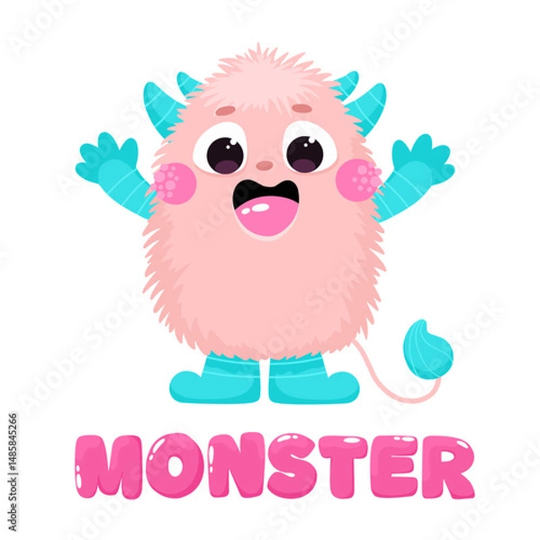 Obraz Cute fluffy and happy monster, children's monster with print, friendly character.