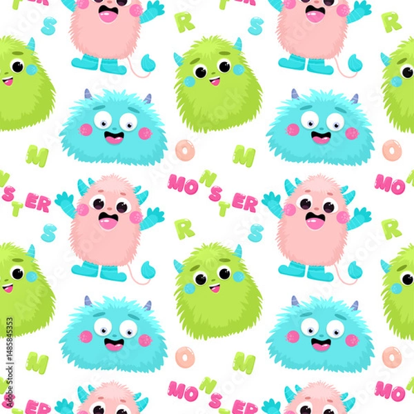 Obraz Seamless pattern with cute fluffy monsters, children's print