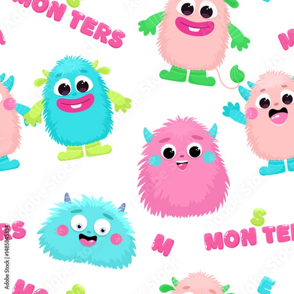 Obraz Seamless pattern with cute fluffy monsters, children's print