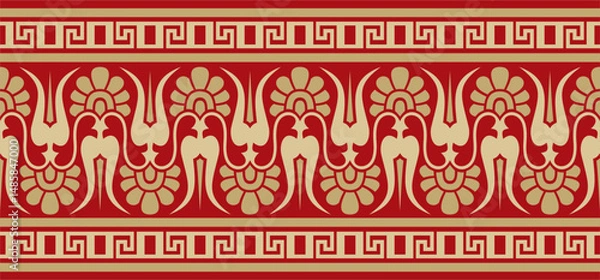 Fototapeta Vector gold and red classic seamless european national ornament. Ethnic pattern of the Romanesque peoples. Border, frame of ancient greece, roman empire.