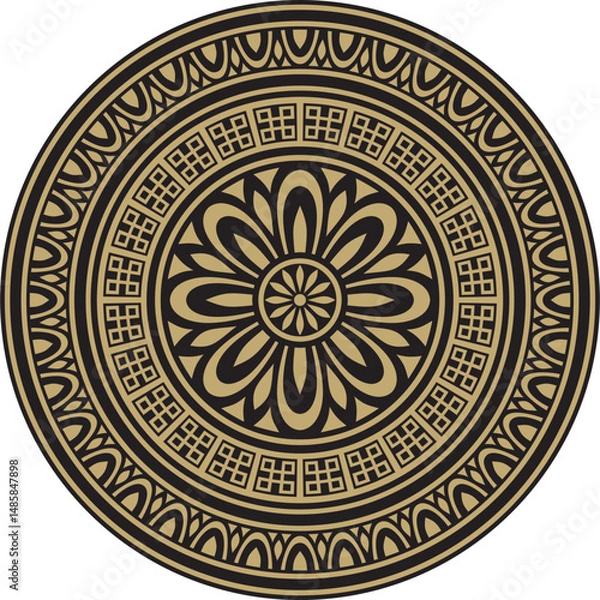 Fototapeta Classic Greek black and gold round ornament. Vector pattern, circle of ancient Hellenes. European border - ring.
