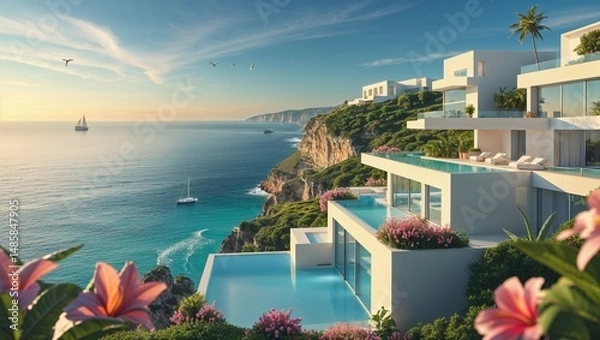 Obraz Luxurious Coastal Villa with Infinity Pool Overlooking the Ocean at Sunset