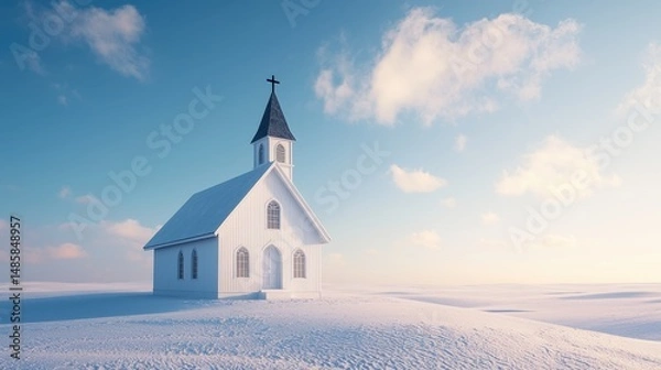 Fototapeta Simple white chapel standing alone in vast snowy landscape