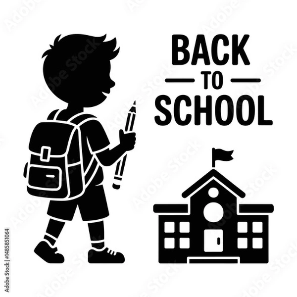 Fototapeta A silhouette of a student with a backpack stands next to a school building and a pencil, accompanied by the phrase BACK TO SCHOOL