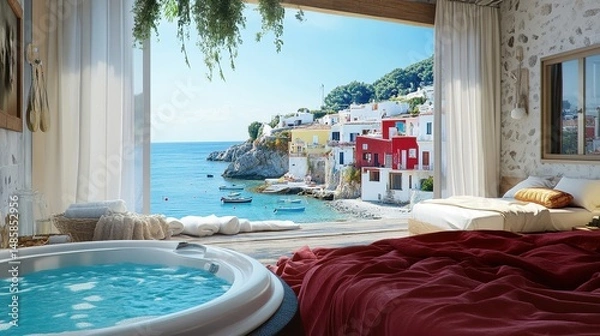 Fototapeta luxurious mediterranean suite with ocean view and private hot tu