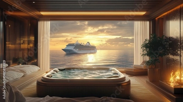 Fototapeta luxury suite with ocean view and private hot tub at sunset