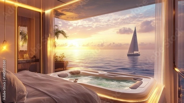 Fototapeta luxurious oceanfront suite with private hot tub and sunset view