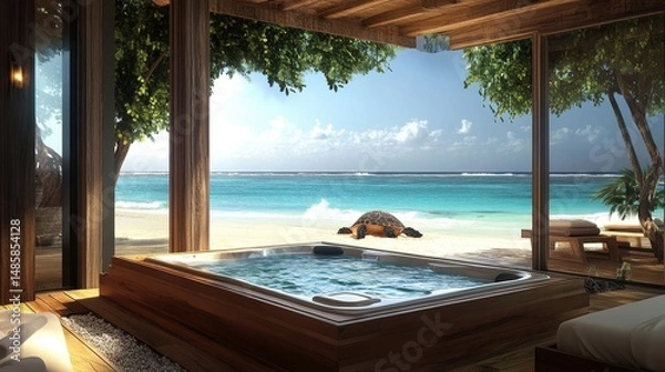 Fototapeta luxurious beachfront hot tub with ocean view and sea turtle