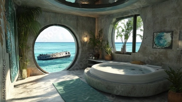Fototapeta luxurious ocean view bathroom with shipwreck