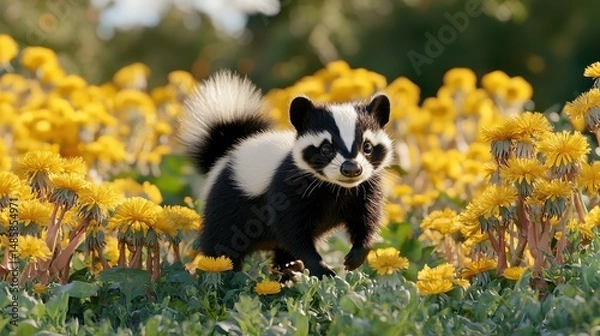 Fototapeta Adorable small animal with black and white fur walking through a vibrant field of yellow flowers