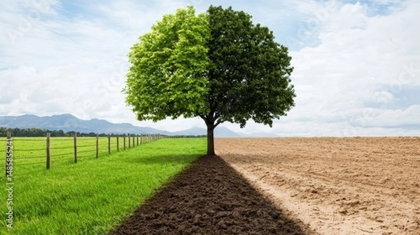 Fototapeta Contrast of Nature and Agriculture with a Tree Dividing Green Grass and Brown Soil Landscape