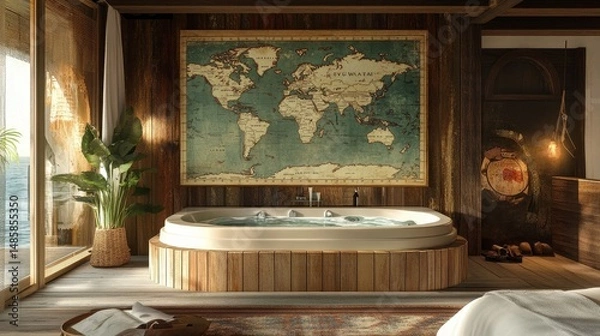 Fototapeta luxurious wooden bathroom with ocean view and vintage world map