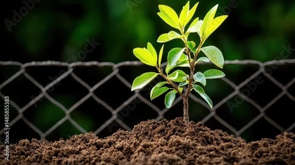 Fototapeta Vibrant Young Plant Growing in Rich Soil Against a Natural Background with Wire Fence