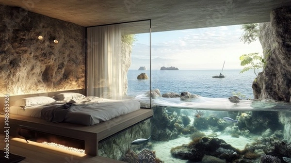 Fototapeta luxurious oceanfront bedroom with underwater view