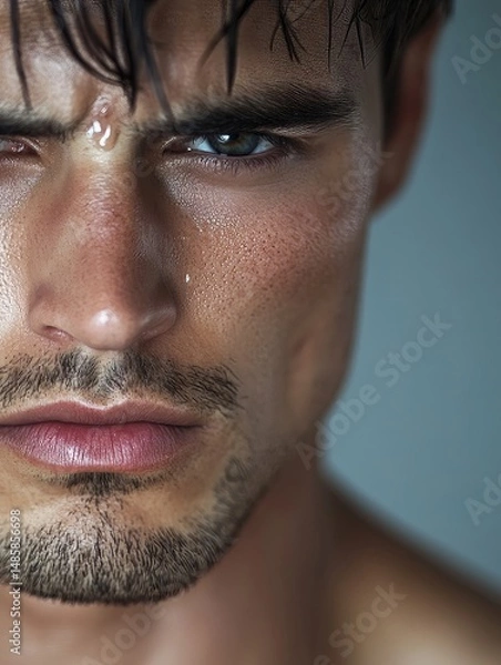 Obraz Close-up of a man in deep sadness, tear rolling down cheek, dark tones