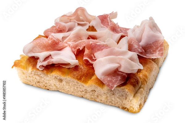 Fototapeta Slice of Genoa focaccia bread with slices of lard on top, tasty flatbread snack isolated