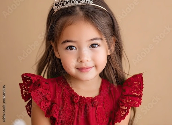 Fototapeta portrait of an Asian girl wearing a red lace sleeveless princess gown with puffy sleeves and a tiara, against a solid color background.