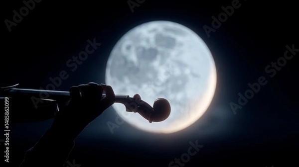 Fototapeta Celestial Music Performance under the Full Moon with Violin Silhouette in Romantic Night Sky Atmosphere