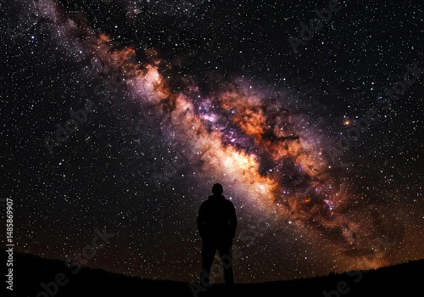 Fototapeta Silhouette Man Gazing at Majestic Milky Way Galaxy Night Sky Starry Universe Astronomy Space Exploration