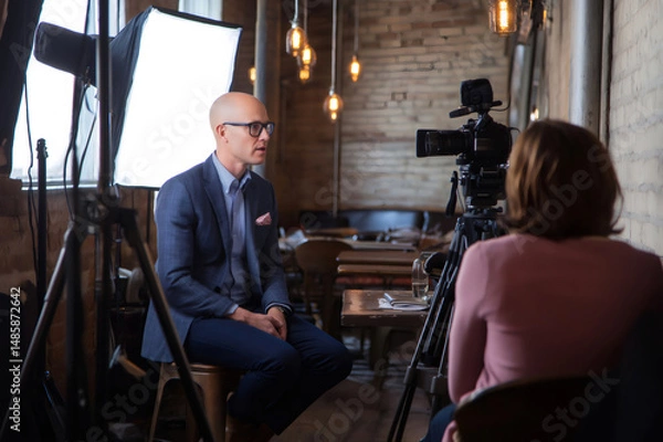 Fototapeta Professional videographer filming an interview with a businessman in a restaurant, using professional lighting and sound equipment