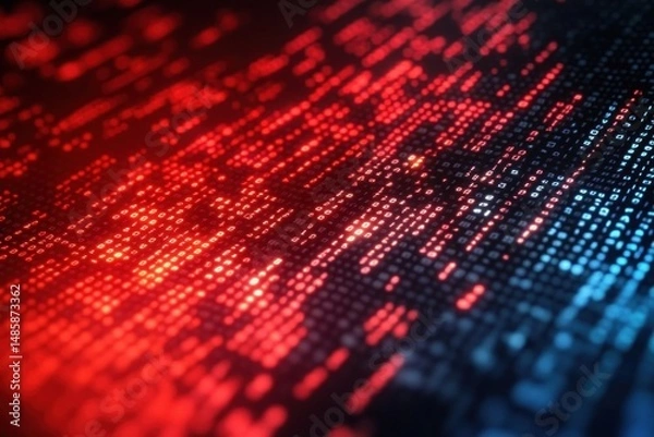 Obraz Close-up of digital binary code in red and blue glowing light representing data flow and technology