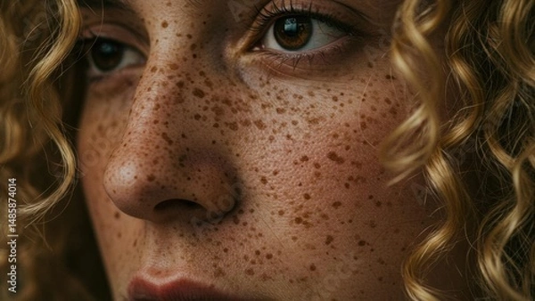 Fototapeta Close-up of a woman's freckled face, natural light.