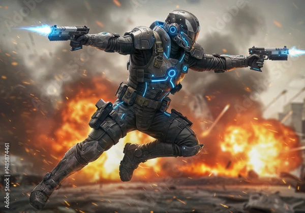 Fototapeta Futuristic Soldier Action Scene Explosions Battlefield Combat
