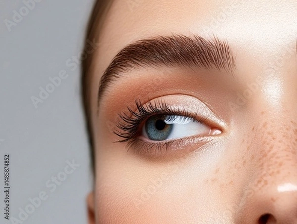 Obraz Woman with glossy highlighter on cheekbones and bold eyebrows, close-up