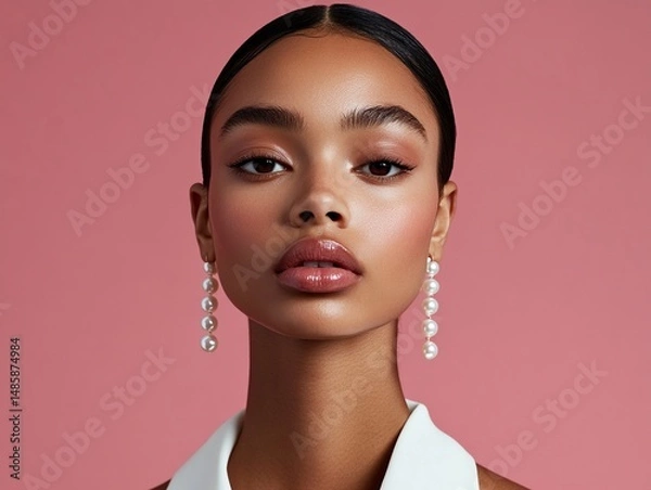 Obraz Editorial portrait with pearls glued to face and minimal makeup 