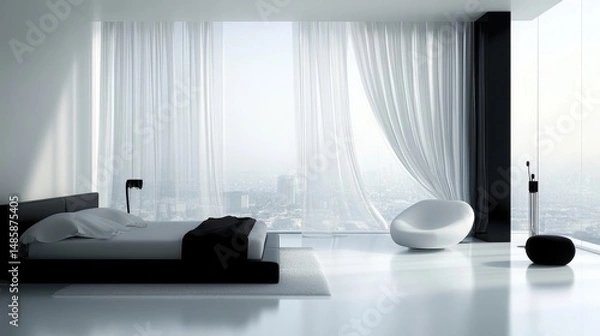 Fototapeta modern minimalist bedroom with city view
