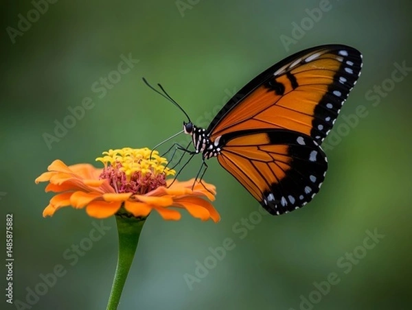 Obraz Butterfly landing on zinnia flower, vivid colors 